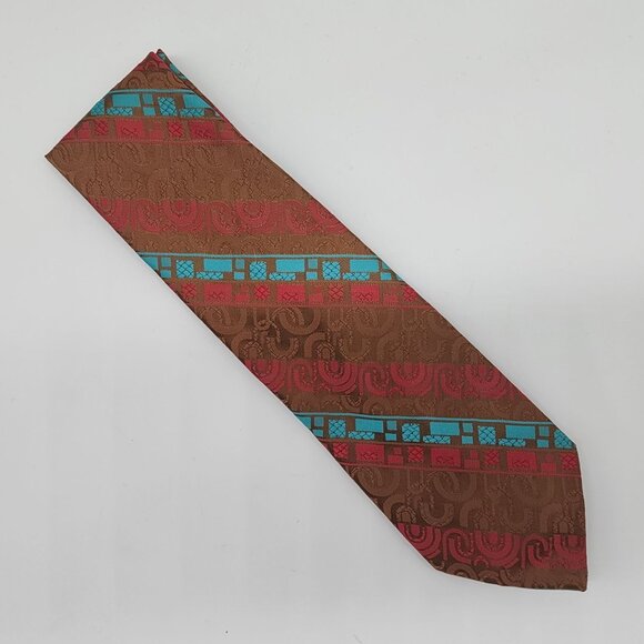 Sears Necktie Stripe Tan Red Teal Geometric Polyester 4" W 53" L - Picture 3 of 6
